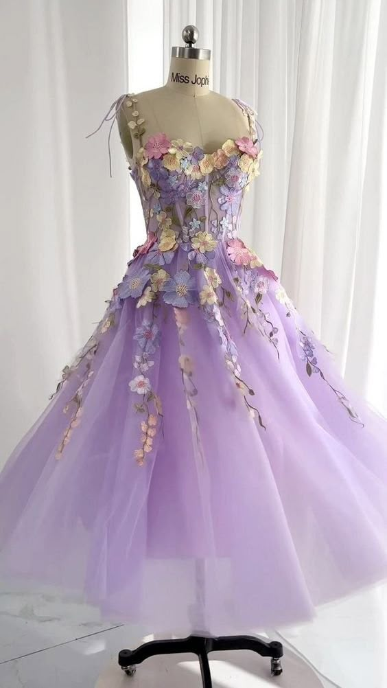 Tangled Prom, Rapunzel Wedding Dress, Tangled Dress, Dress With 3d Flowers, Rapunzel Wedding, Tangled Wedding, Floral Prom Dress, Midi Prom Dress, Lavender Prom Dresses