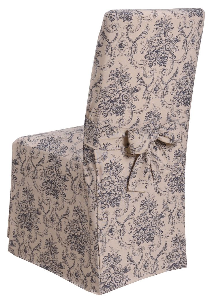 a blue and white chair with a bow on it's seat cover in the shape of a box