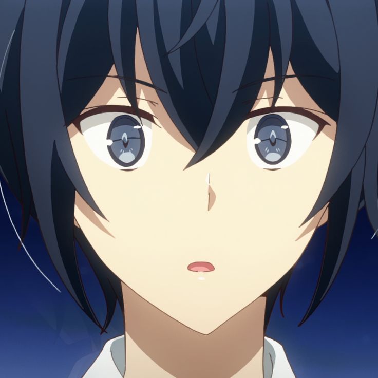 an anime character with black hair and blue eyes looks at the camera while staring into the distance