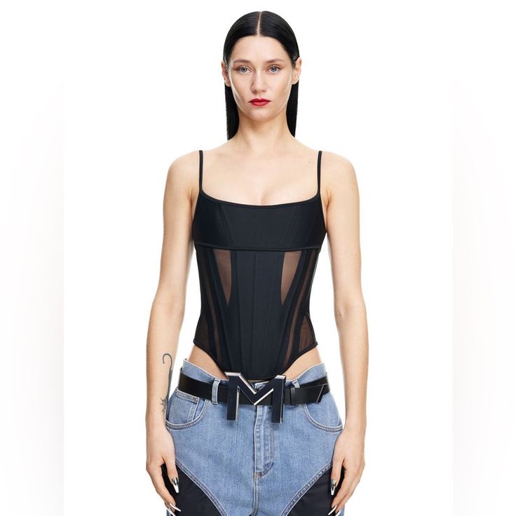 Mugler H&M. Corset Top In Stretch Jersey With Boning And Sheer Spiral Panels In Mesh. Narrow, Adjustable Shoulder Straps, Low-Cut Neckline, And A Zipper At Back. Rounded Hem At Front. Low Cut Top, Catsuit, Corset Top, Stylish Dresses, Low Cut, World Of Fashion, Fitness Fashion, Fashion Clothes Women, Camisole Top