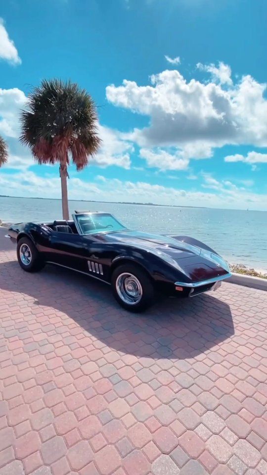 a black car parked on the side of a road next to palm trees and water