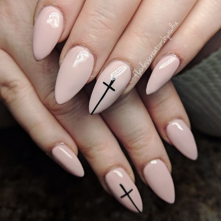 Cross On Nails Design Nailart, Cross Designs Nails, Almond Nails With Cross Design, Easter Nail Ideas With Cross, Nails For Christians, Almond Cross Nails, Cross Easter Nails, Upside Down Cross Nails, Cross Design On Nails