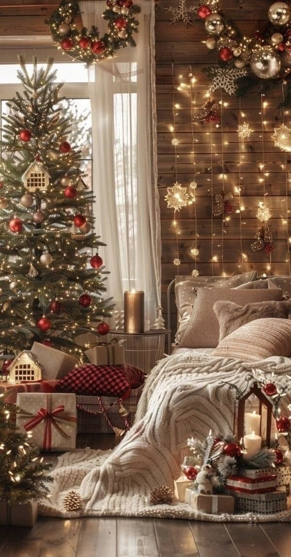 a bedroom decorated for christmas with lights and presents on the floor next to a bed