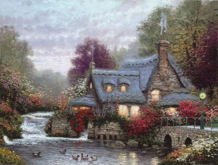 a painting of a cottage with ducks swimming in the water