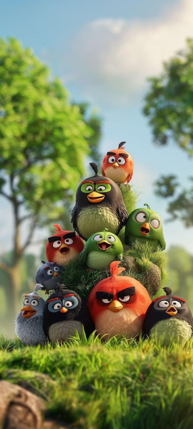 the angry birds are standing on top of each other in front of some green trees