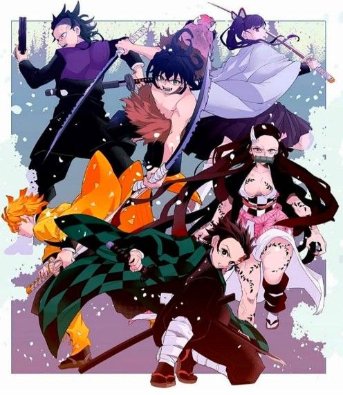 an image of some anime characters in the snow with one holding two swords and another standing behind them