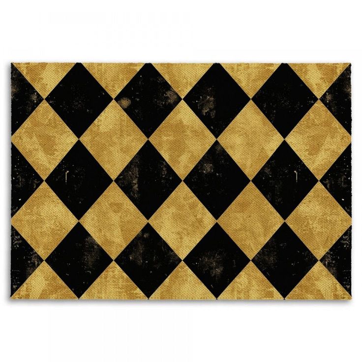 a black and gold area rug with an argyle pattern on the front, in various colors