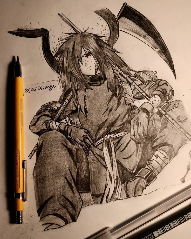 a pencil drawing of an anime character sitting on the ground with two swords in his hand