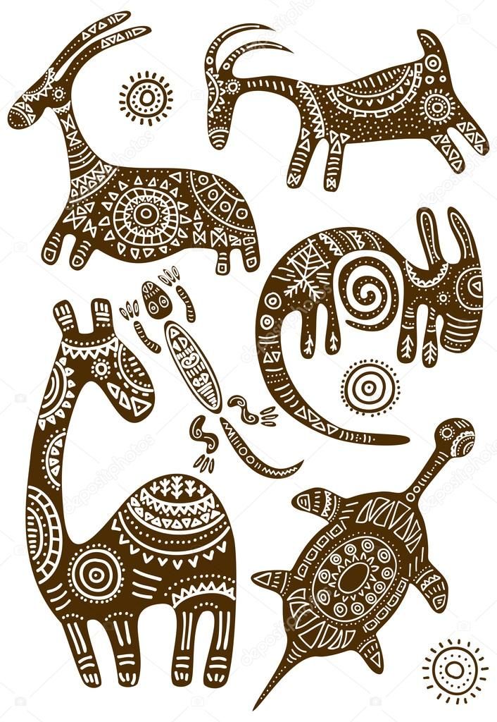 three elephants and two giraffes are drawn in brown ink