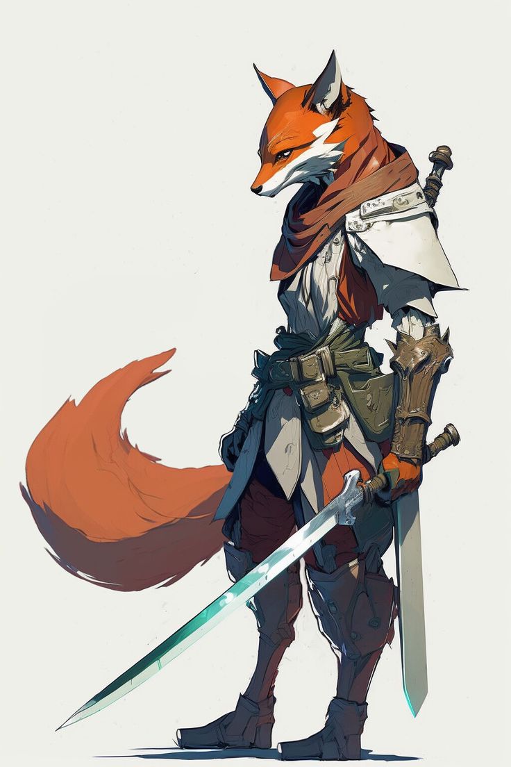 Fox Rogue Dnd, Fox Cartoon Character Design, Fox Warrior Character Design, Human Fox Drawing, Cute Fox Character, Kitsune Swordsman, Fox Folk Dnd, Human Fox Oc Male, Fox Shifter Dnd