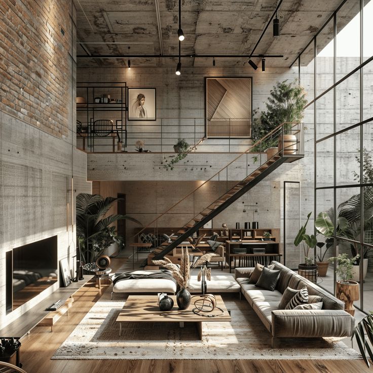 Industrial interior design Industrial Contemporary House, Warehouse Living Open Concept, Modern Industrial Aesthetic, Eco Industrial Design, Industrial Aesthetic Interior Design, Industrial Interior Design Commercial, Warehouse Workspace, Scandi Industrial Interior, Barber Suite