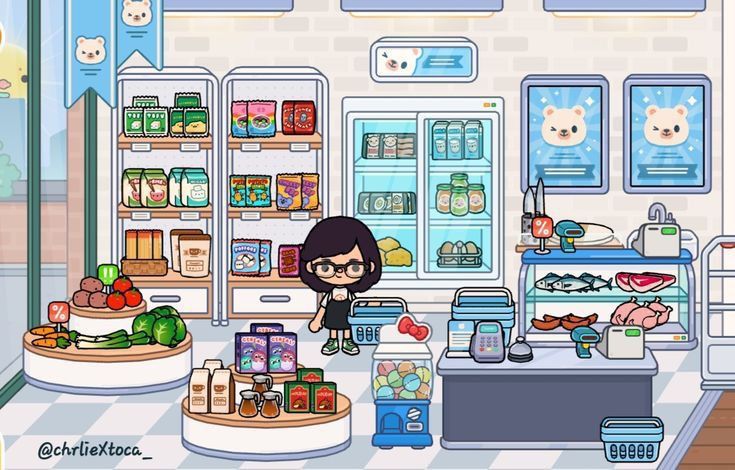 an animated girl standing in front of a store filled with food and drinks, looking at the camera