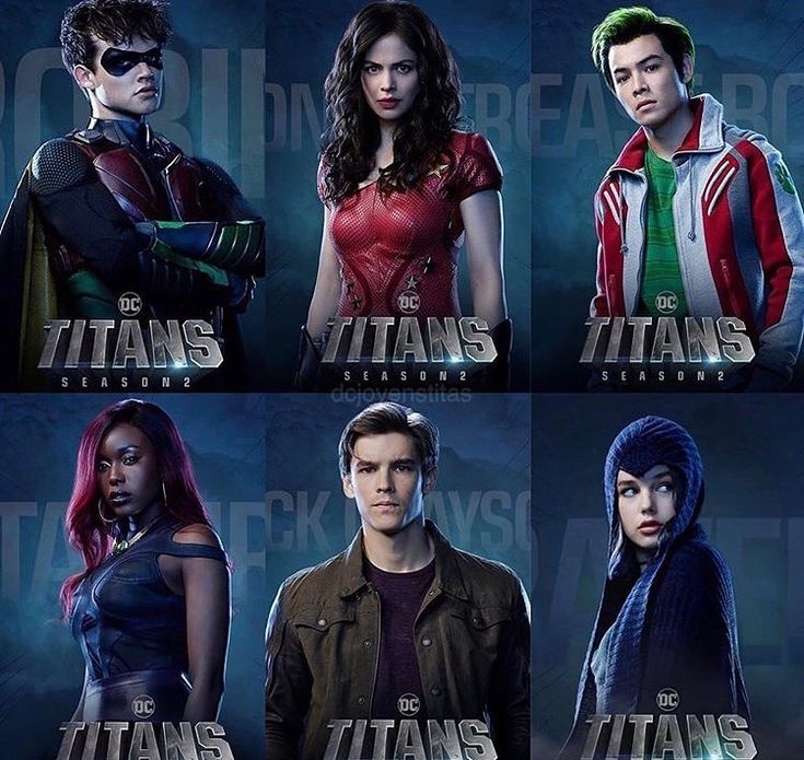 the cast of the upcoming movie titans is shown in four different poses, including one male and two female