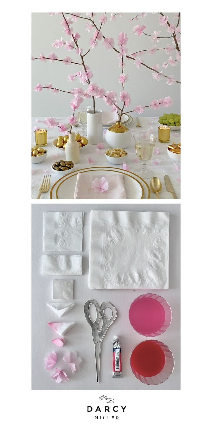 the table is decorated with pink flowers and goldware