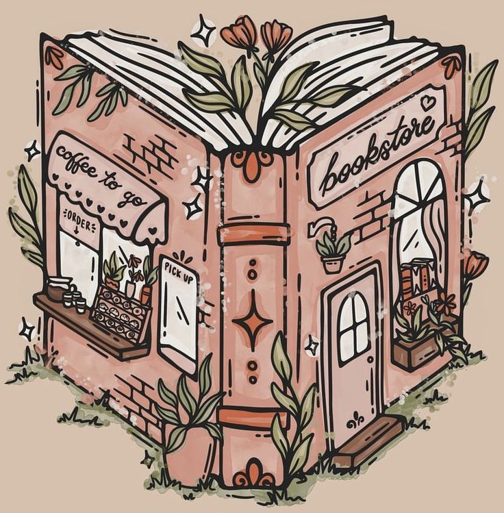 an illustration of a book store with flowers growing out of it