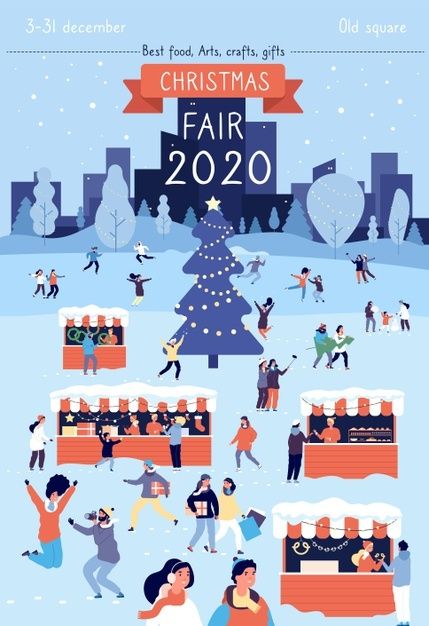 the christmas fair poster is shown with people walking around it and onlookers