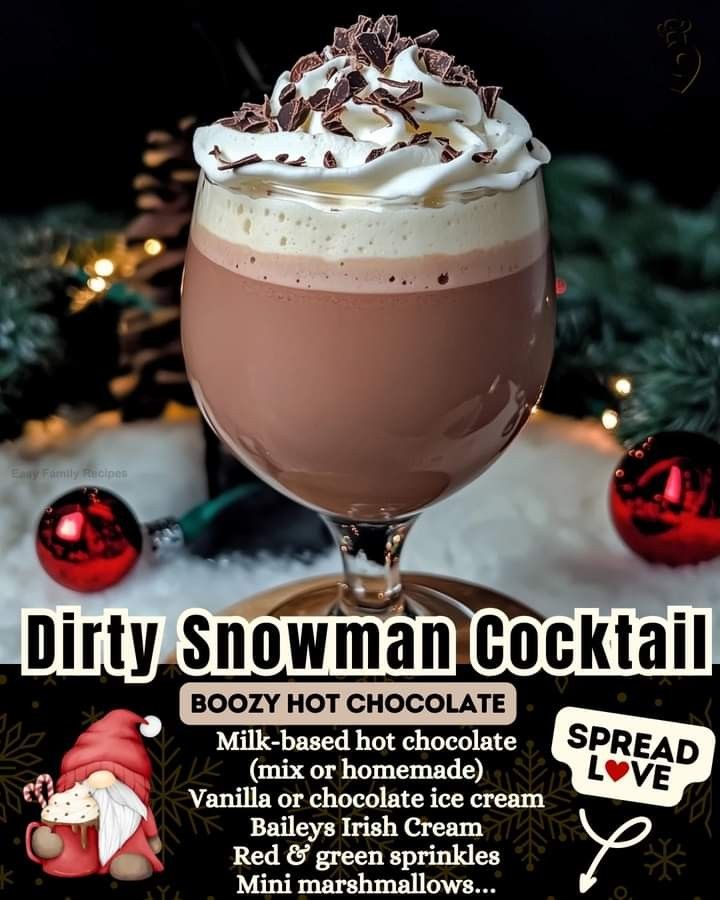 an advertisement for a hot chocolate drink with whipped cream on top and christmas decorations in the background