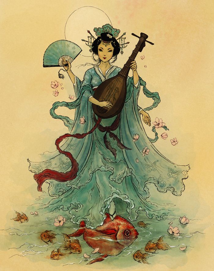 a painting of a woman holding a guitar in front of a tree with fish around it