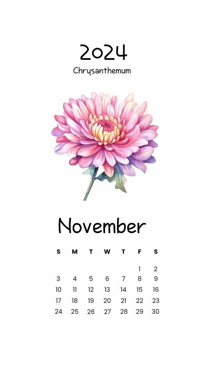 the calendar for november is shown with a pink flower on it's front cover