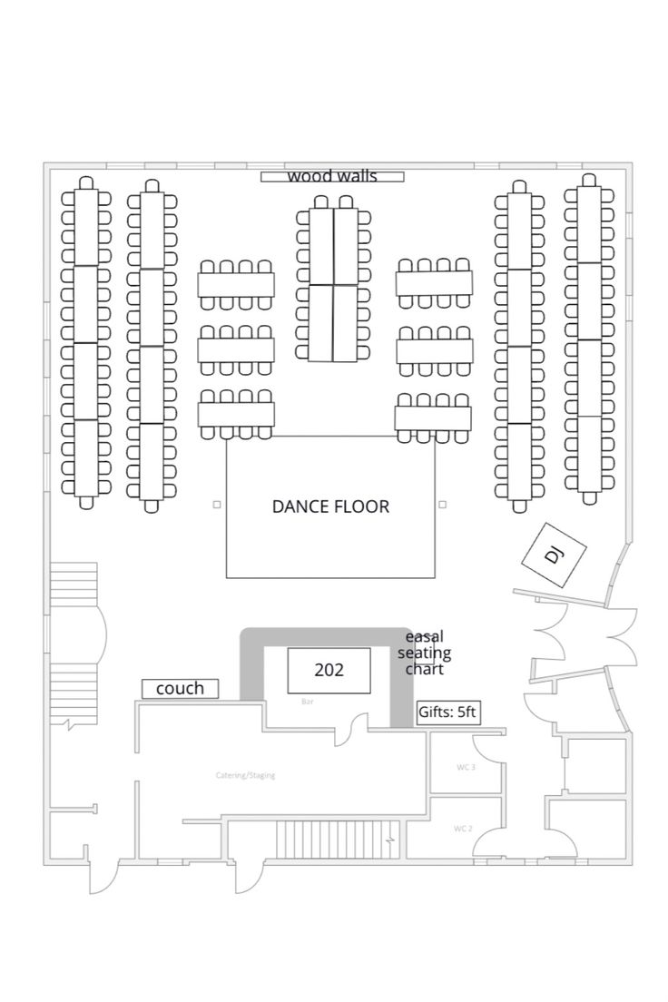 the floor plan for an event venue with seating areas and tables on one side, and two