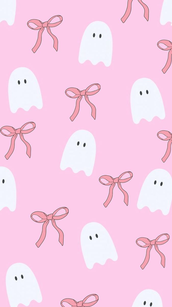 a pink background with ghost heads and bows