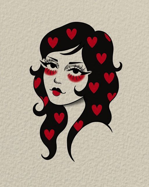 a woman's face with red hearts on her forehead and eyes painted onto it