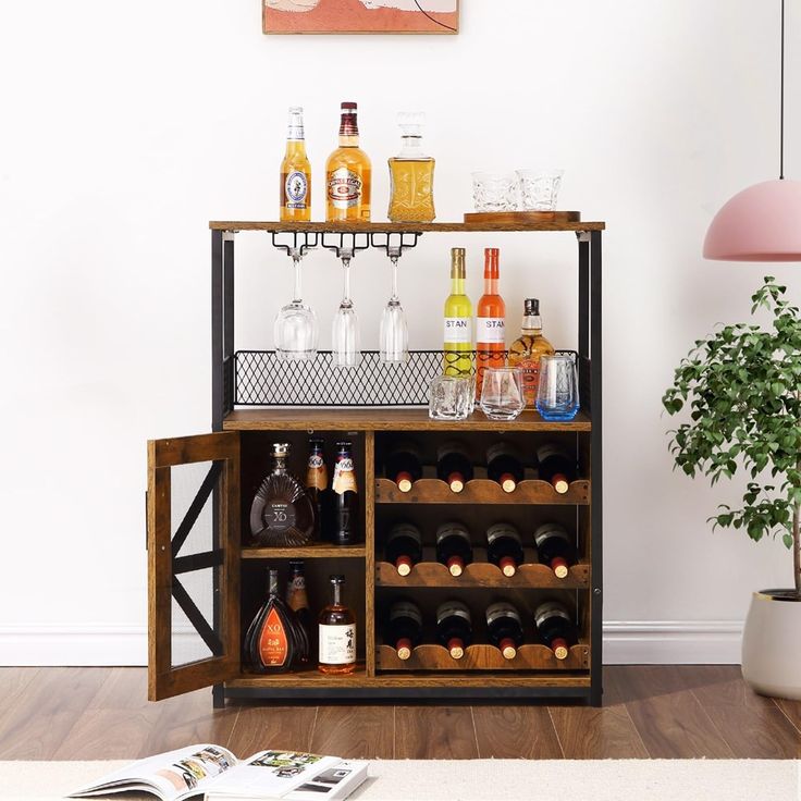 a wine rack with bottles and glasses on it