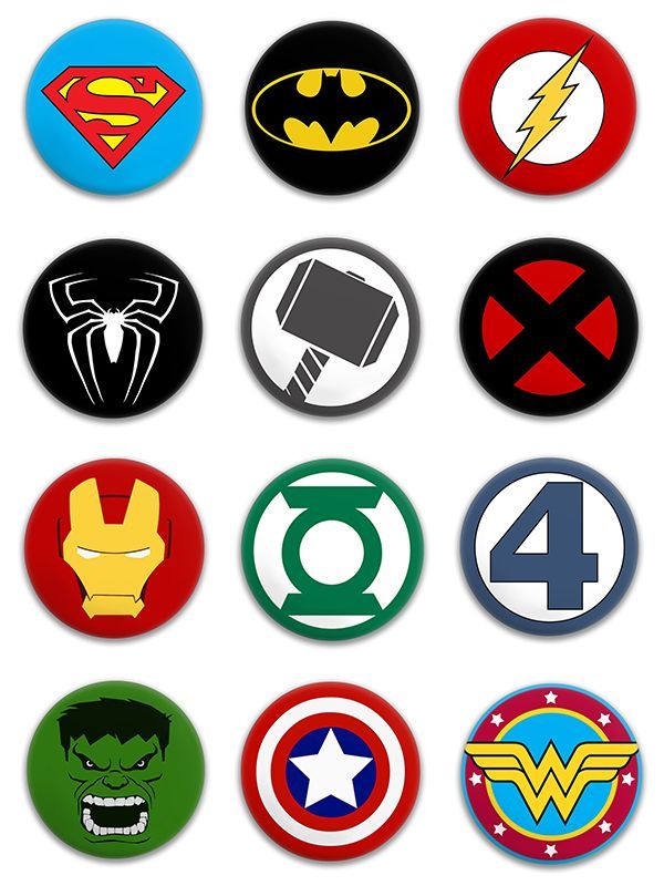 the avengers and superman logos are shown in different colors, shapes and sizes on this button set