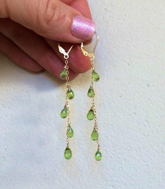 14k gold Natural Green Peridot Cascade Earrings.  Long chains.  Pedidot jewelry.  August birthstone. Leo Birthday, Peridot Earrings, August Birthstone Jewelry, August Birthstone, Dope Jewelry, Funky Jewelry, Jewelry Lookbook, Green Peridot, Green Earrings