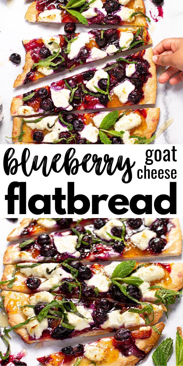 three flatbreads with blueberries and goat cheese on them, topped with mint leaves