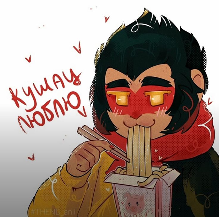 a cartoon character holding a box with noodles in it's mouth and wearing a red mask