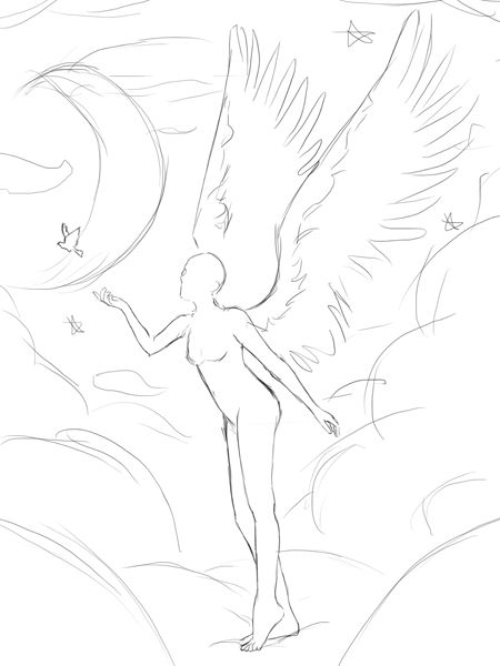 a drawing of an angel standing in the sky