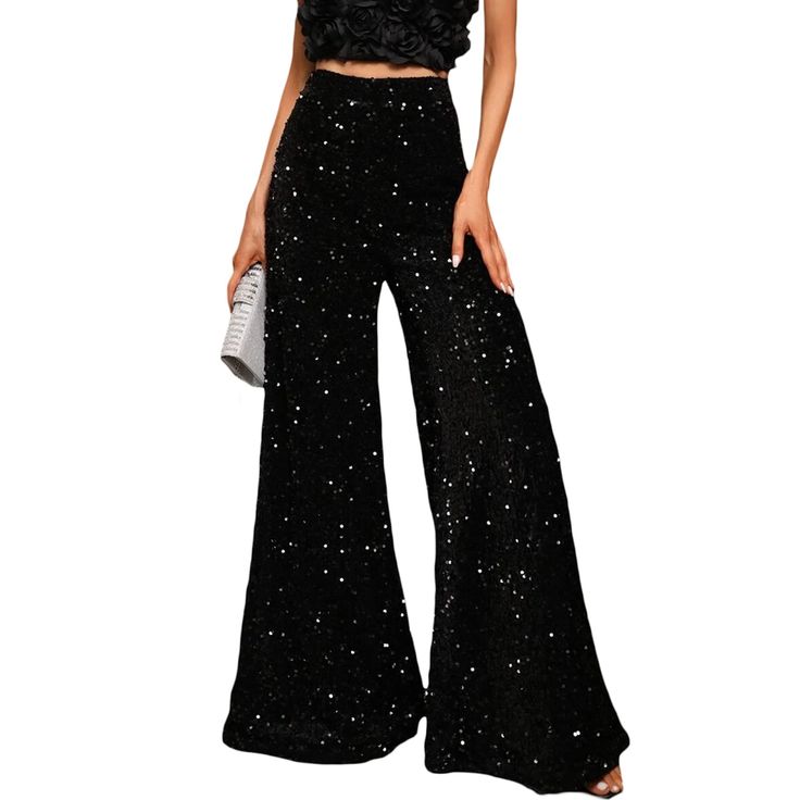 PRICES MAY VARY. Material:Sequin pants are made of high quality polyester, lined inside, skin friendly, decorated with glitter sequins, eye-catching and comfortable to wear. Features: Sparkle pants women high waisted, wide leg sequin pants women, solid color, full length, loose fit, fashion and attractive, bell bottom sparkly pants for women. Occasions: It is perfect to wear these glitter flared pants for casual, daily life, birthday party, holiday, vacation, beach, going out, as clubwear pants Sparkly Pants, Sequin Flare Pants, Trousers High Waisted, Bell Bottom Trousers, Disco Pants, Wide Leg Romper, Sequin Pants, Party Pants, Flared Trousers