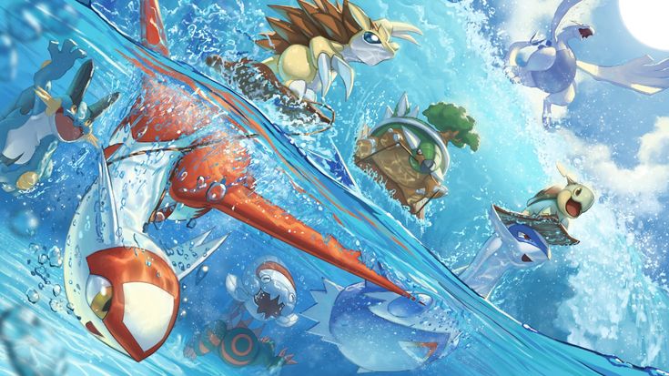 an image of some cartoon characters swimming in the water with fish and other animals around them