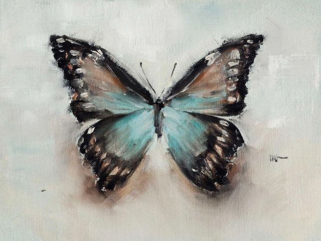 a painting of a blue butterfly on a white background