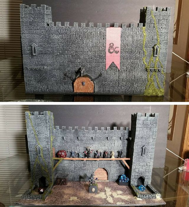 two pictures of a castle made out of paper