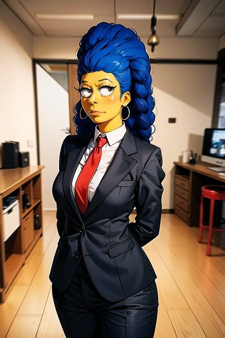 a woman with blue hair in a suit and tie standing on a hard wood floor