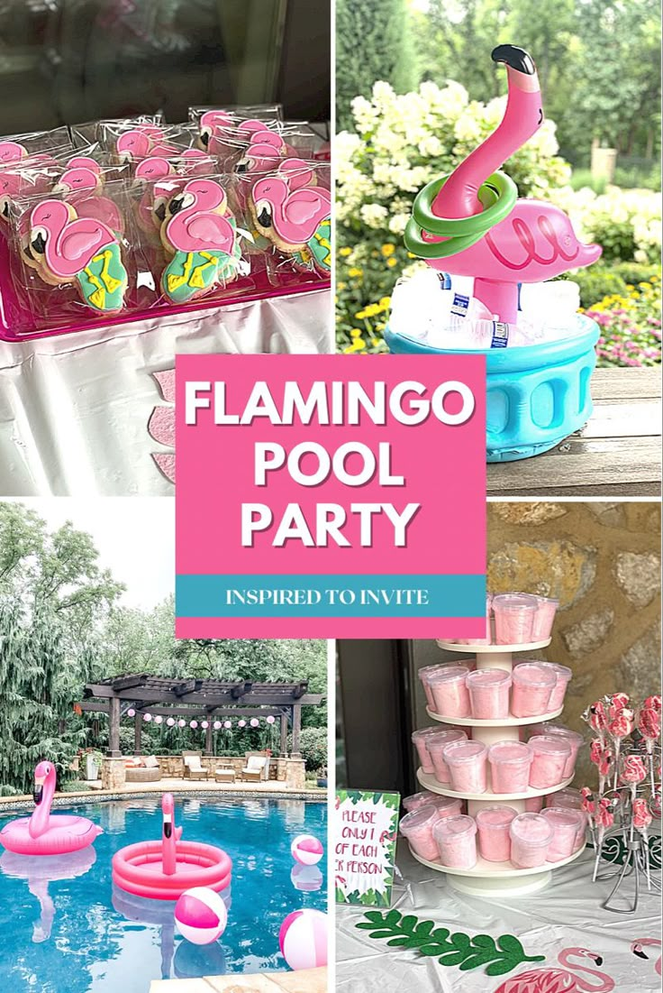 pink flamingo pool party decorations and desserts