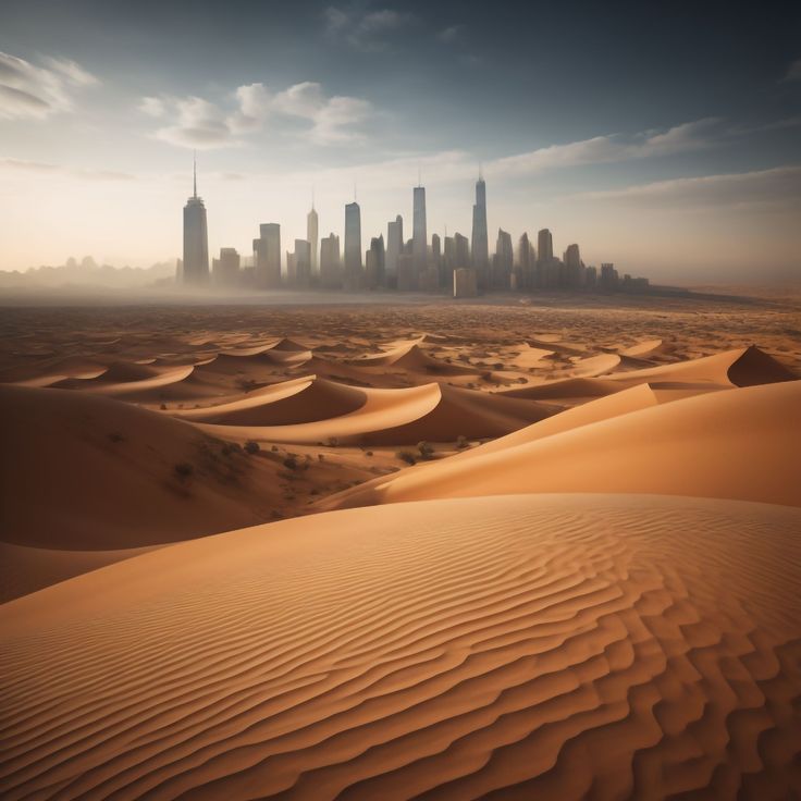 the city is in the distance, and it's surrounded by sand dunes at sunset