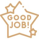 the words good job are written in gold on a white background with an orange star