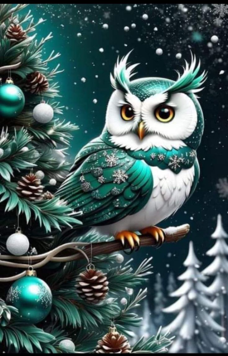 an owl sitting on top of a tree next to christmas balls and pineconis