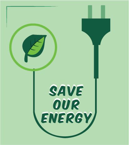 save our energy poster with an electric plug and green leaf in the center, on a light green background