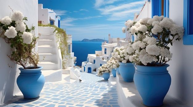 white flowers are in blue vases on the side of a building by the water