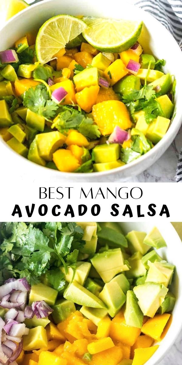 two bowls filled with mango avocado salsa