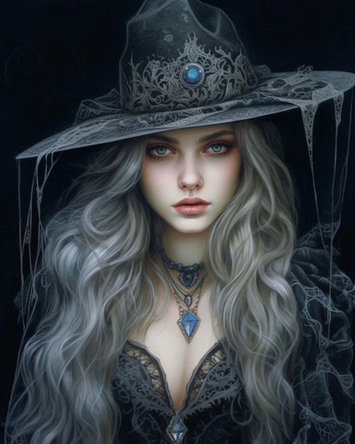 a painting of a woman wearing a hat with long grey hair and blue eyes in the dark