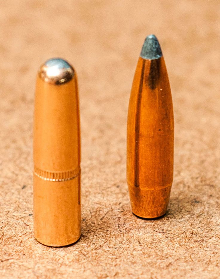 Round nose bullets have greater sectional density than spitzers. In the picture, the 220-grain round nose bullet is the same length as the 180-grain boat tail spitzer pictured. Long Range Shooting, Reloading Bench, Deer Hunting Blinds, Round Nose, Kayaking Gear, Traditional Archery, Hunting Blinds, Small Arms, Fishing Stuff