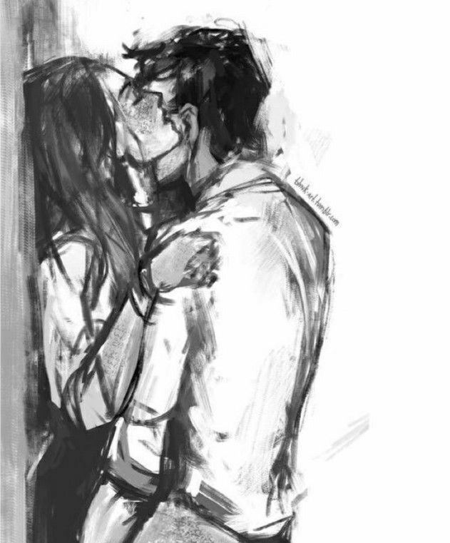 black and white drawing of two people kissing