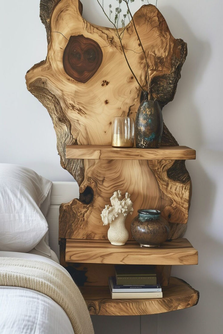 Rustic bedroom with a natural wood sculpted shelving unit beside the bed, epitomizing organic bedside table ideas. Creative Bedside Table, Creative Shelving, Natural Decor, Japanese Zen, Wooden Shelf, Wood Home Decor, Into The Woods, Home Design Decor, Decor Tips