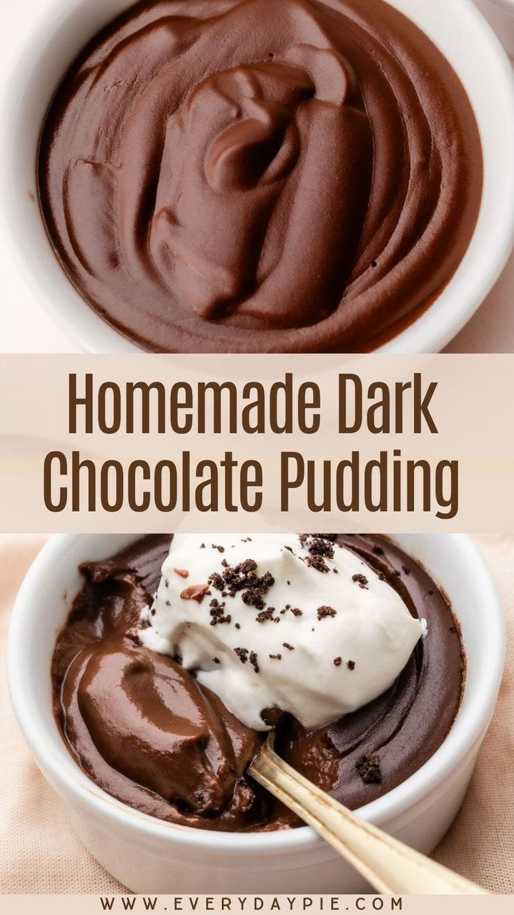 homemade dark chocolate pudding in a bowl with whipped cream on top and the words homemade dark chocolate pudding above it