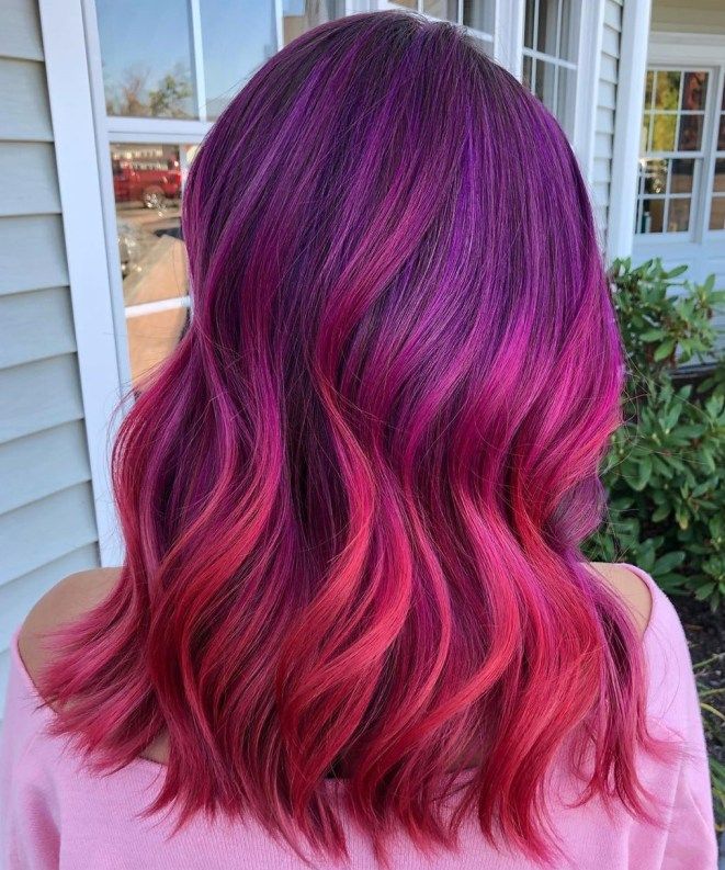 Bright Red Purple Balayage Hair Reddish Purple Hair, Red And Purple Hair, Purple Red Hair Color, Purple Natural Hair, Van Makeover, Purple Hair Streaks, Purple Blonde Hair, Red Purple Hair, Purple Pink Hair